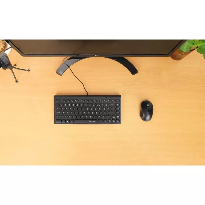 Manhattan Slim Wired USB Mini klaviatūra, 12 multimedijos/funkcijų klavišai, įmontuotas 1,5 m USB-A kabelis, kompaktiškas, žemo profilio formatas, skirta PC ir nešiojamam kompiuteriui, juoda