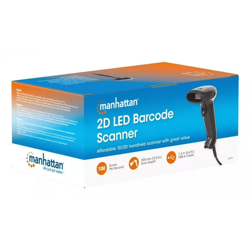 Manhattan CCD rankinis brūkšninių kodų skaitytuvas, USB, 60 mm nuskaitymo plotis, kabelis 152 cm, maksimali aplinkos šviesa 5000 liuksų (saulės šviesa), juodas, trejų metų garantija