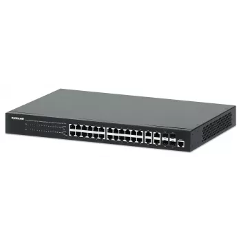 Intellinet 24 prievadų gigabito Ethernet PoE+ žiniatinklio valdomas jungiklis su 4 gigabito kombinuotais Base-T/SFP prievadais, IEEE 802.3at/af, 370 W, 19 colių stovo montavimui