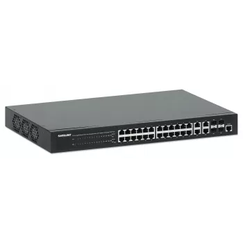 Intellinet 24 prievadų gigabito Ethernet PoE+ žiniatinklio valdomas jungiklis su 4 gigabito kombinuotais Base-T/SFP prievadais, IEEE 802.3at/af, 370 W, 19 colių stovo montavimui