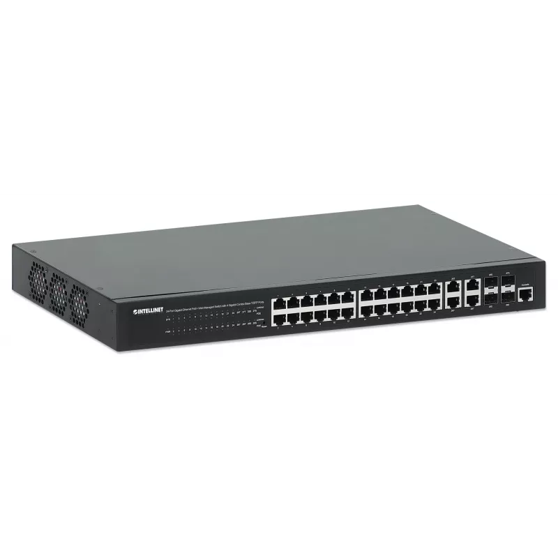Intellinet 24 prievadų gigabito Ethernet PoE+ žiniatinklio valdomas jungiklis su 4 gigabito kombinuotais Base-T/SFP prievadais, IEEE 802.3at/af, 370 W, 19 colių stovo montavimui