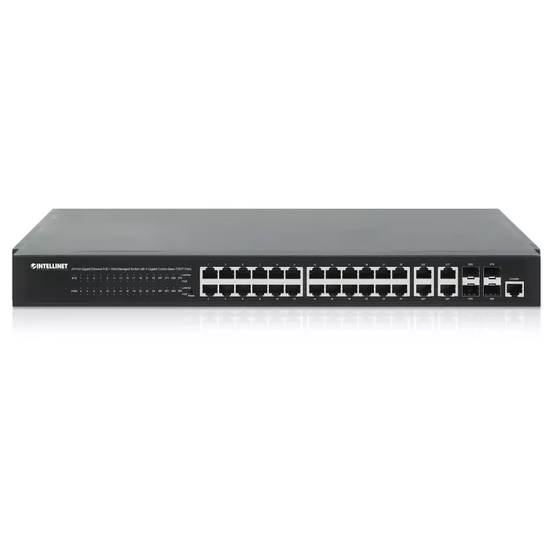 Intellinet 24 prievadų gigabito Ethernet PoE+ žiniatinklio valdomas jungiklis su 4 gigabito kombinuotais Base-T/SFP prievadais, IEEE 802.3at/af, 370 W, 19 colių stovo montavimui