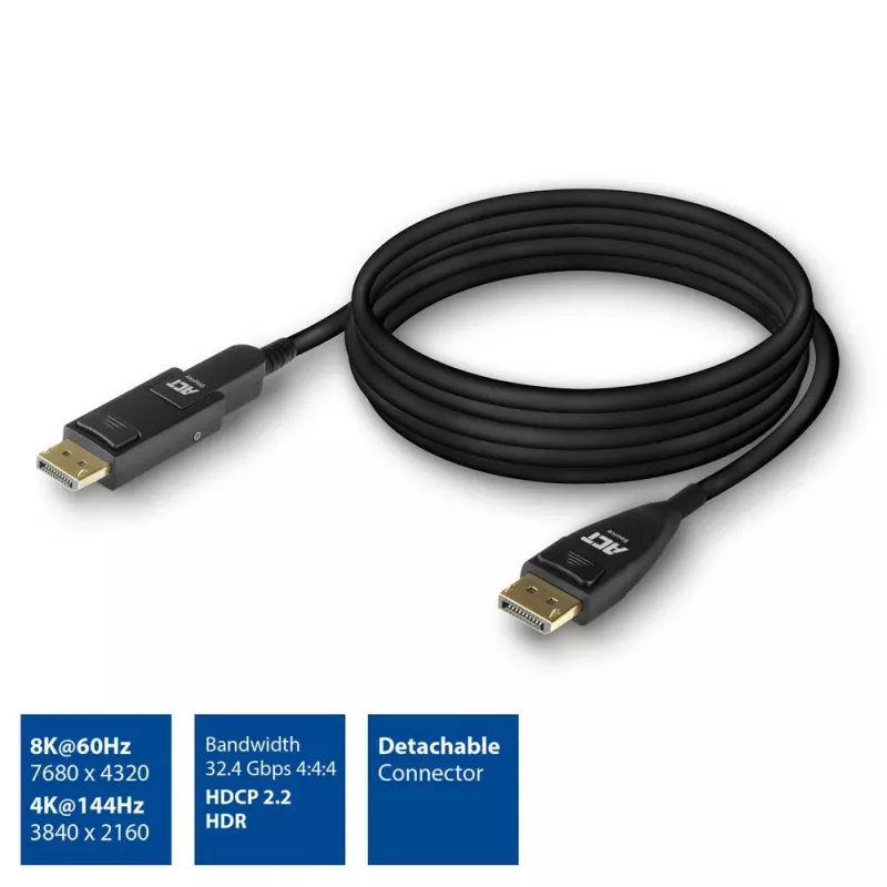 ACT DisplayPort 1.4 aktyvus optinis kabelis 8K 30 m su nuimama jungtimi