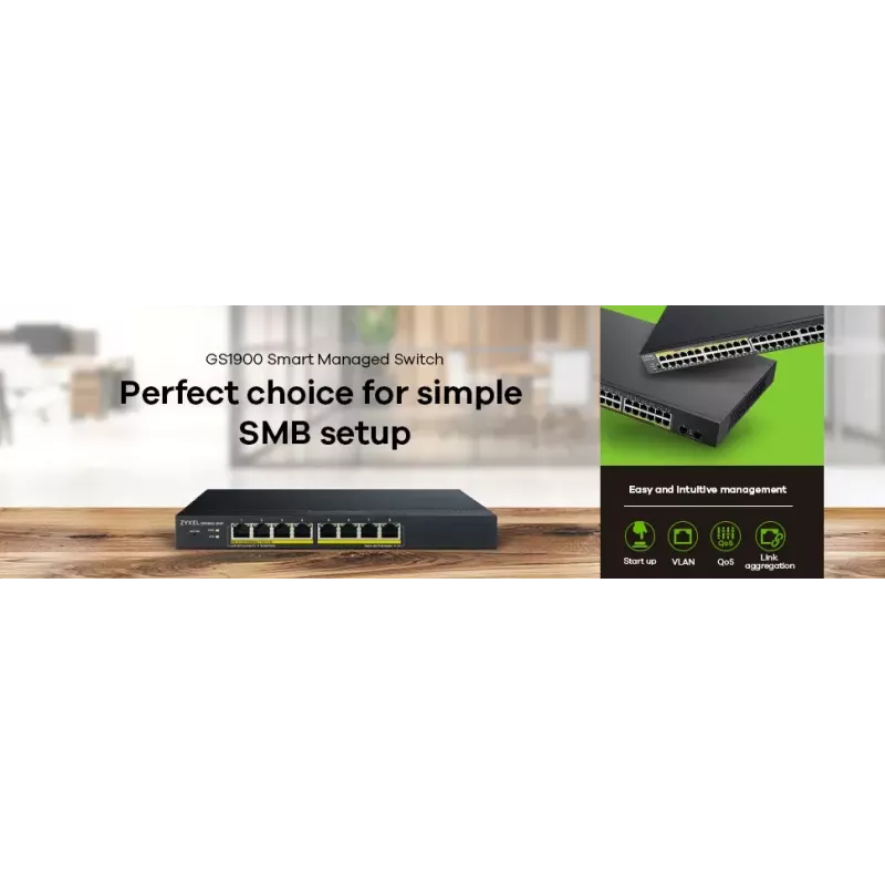 Zyxel GS1900-8HP valdomas L2 gigabaitinis Ethernet (10/100/1000) su Power over Ethernet (PoE) juodas