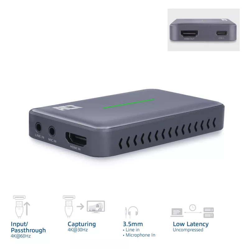 ACT USB-C vaizdo fiksavimo kortelė, HDMI 4K@60Hz perdavimas, 4K@30Hz fiksavimas