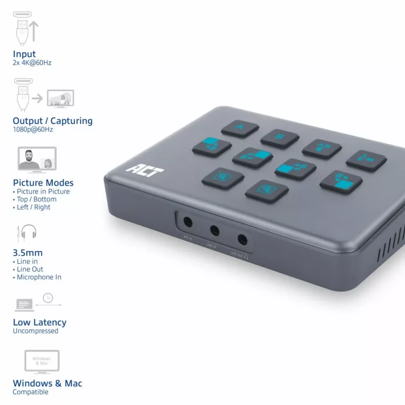 ACT Dual HDMI įvesties USB-C vaizdo perjungiklis 60Hz pilkas