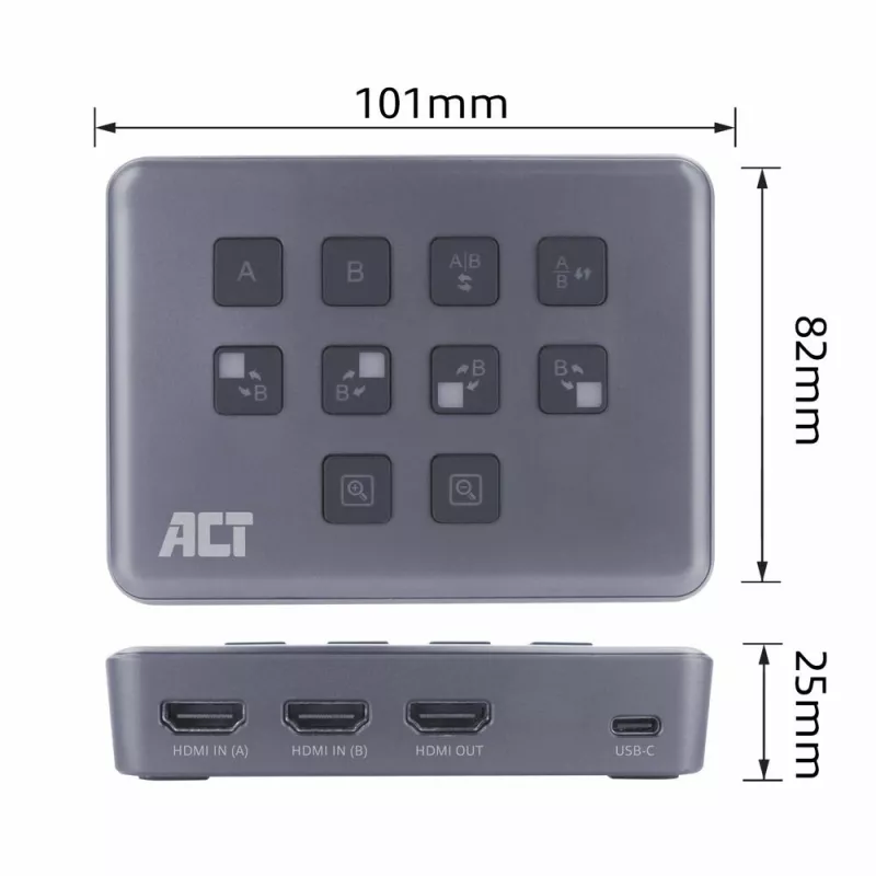 ACT Dual HDMI įvesties USB-C vaizdo perjungiklis 60Hz pilkas