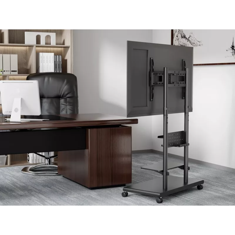 Mobilus TV vežimėlis EQUIP 50–90 colių su pegboard lentyna, VESA 200x200–600x400, 60 kg, juodas
