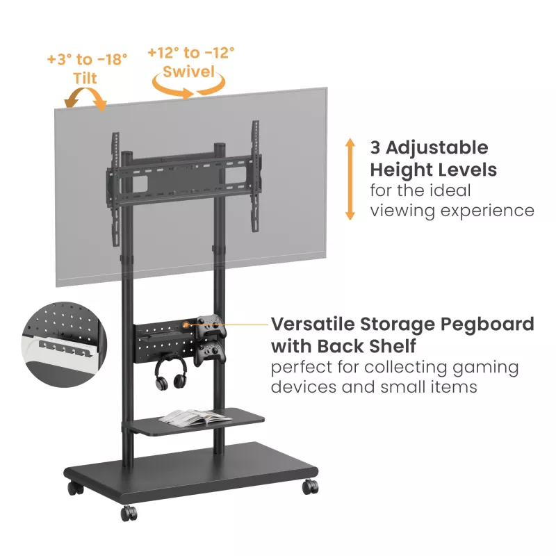 Mobilus TV vežimėlis EQUIP 50–90 colių su pegboard lentyna, VESA 200x200–600x400, 60 kg, juodas