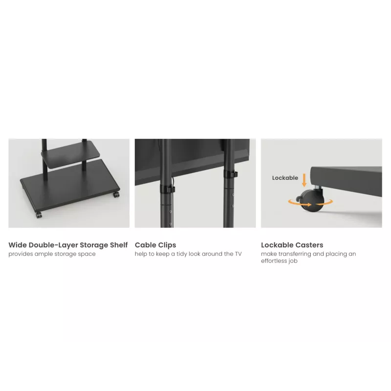 Mobilus TV vežimėlis EQUIP 50–90 colių su pegboard lentyna, VESA 200x200–600x400, 60 kg, juodas