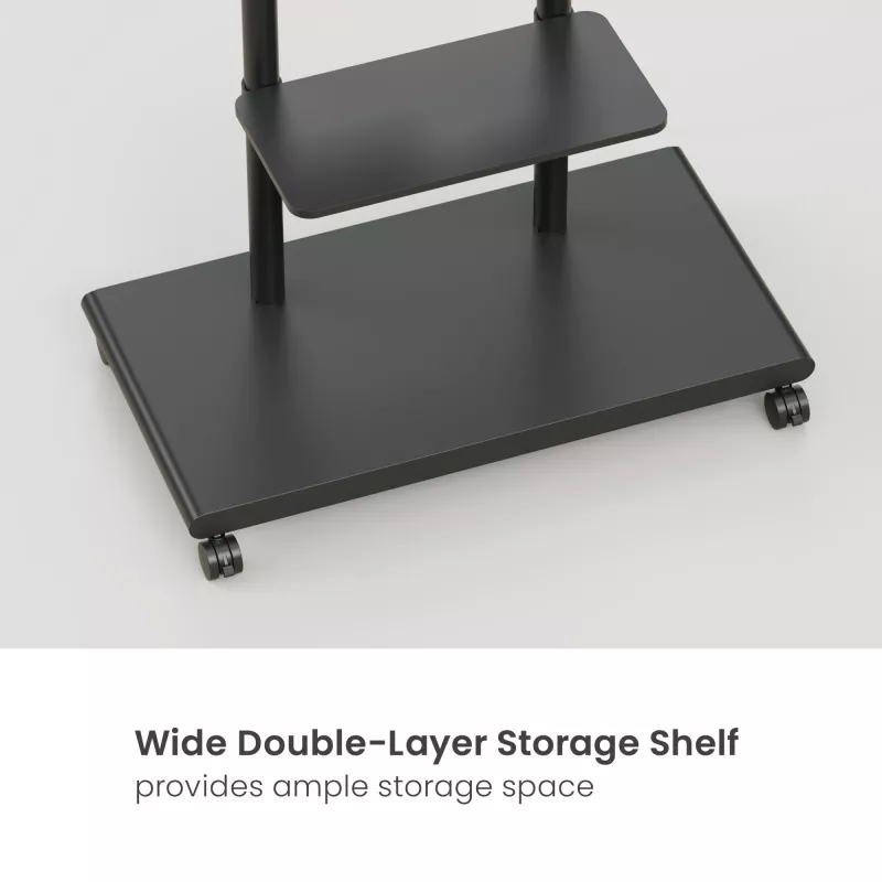 Mobilus TV vežimėlis EQUIP 50–90 colių su pegboard lentyna, VESA 200x200–600x400, 60 kg, juodas