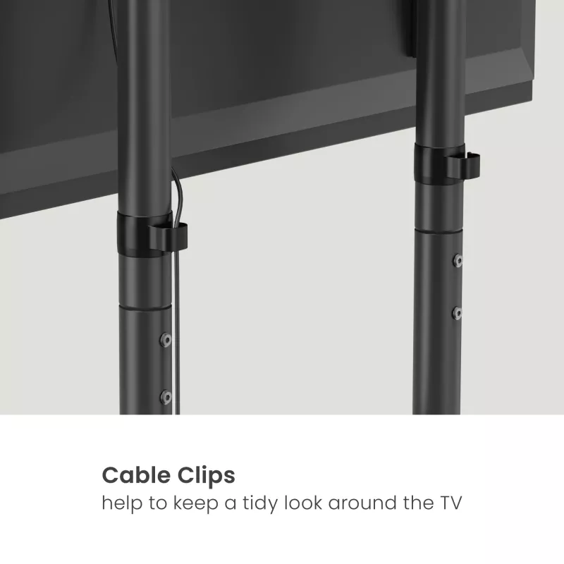 Mobilus TV vežimėlis EQUIP 50–90 colių su pegboard lentyna, VESA 200x200–600x400, 60 kg, juodas