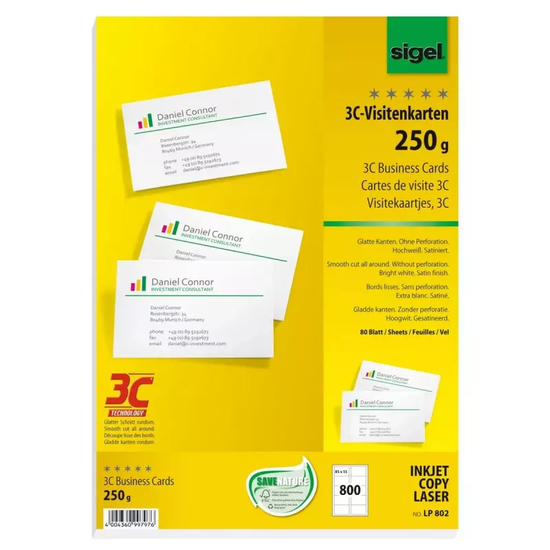 Vizitinės kortelės Sigel LP802, satino apdaila, 250 g/m², 80 lapų (800 kortelių)