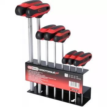 Šešiabriaunių raktų rinkinys su T formos rankena KS Tools 158.8130 – 8 vnt., trumpa ranka, bendras svoris 1,08 kg