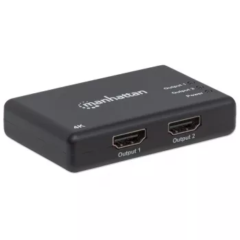 Manhattan HDMI skirstytuvas 2 prievadai, 4K@30Hz, iš vieno HDMI šaltinio į du HD ekranus (tas pats vaizdas abiejuose), maitinamas iš tinklo (kabelis 0,9 m), juodas, trejų metų garantija