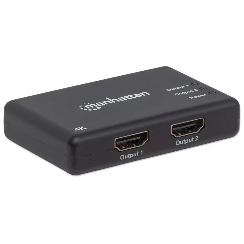 Manhattan HDMI skirstytuvas 2 prievadai, 4K@30Hz, iš vieno HDMI šaltinio į du HD ekranus (tas pats vaizdas abiejuose), maitinamas iš tinklo (kabelis 0,9 m), juodas, trejų metų garantija