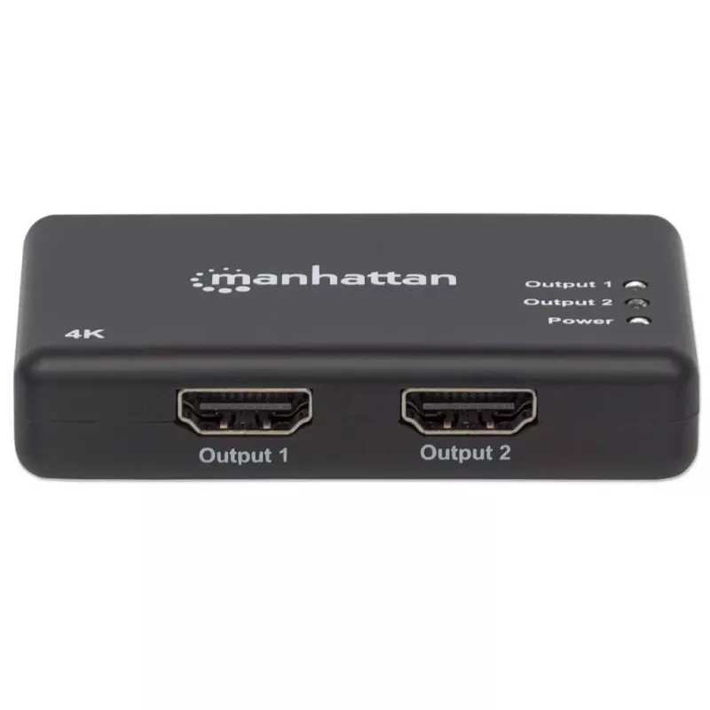 Manhattan HDMI skirstytuvas 2 prievadai, 4K@30Hz, iš vieno HDMI šaltinio į du HD ekranus (tas pats vaizdas abiejuose), maitinamas iš tinklo (kabelis 0,9 m), juodas, trejų metų garantija