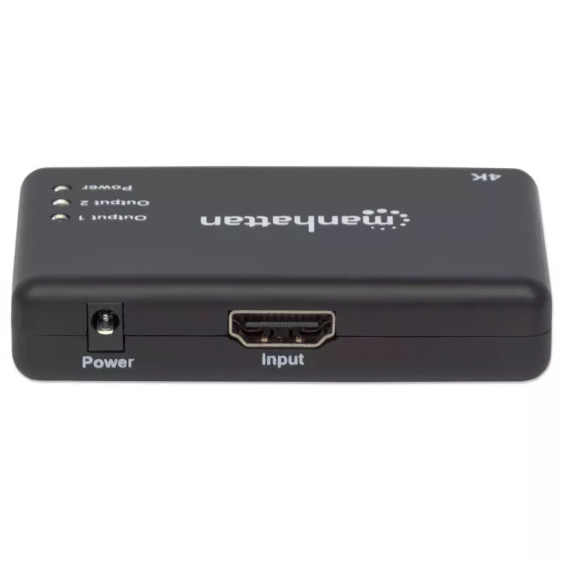 Manhattan HDMI skirstytuvas 2 prievadai, 4K@30Hz, iš vieno HDMI šaltinio į du HD ekranus (tas pats vaizdas abiejuose), maitinamas iš tinklo (kabelis 0,9 m), juodas, trejų metų garantija