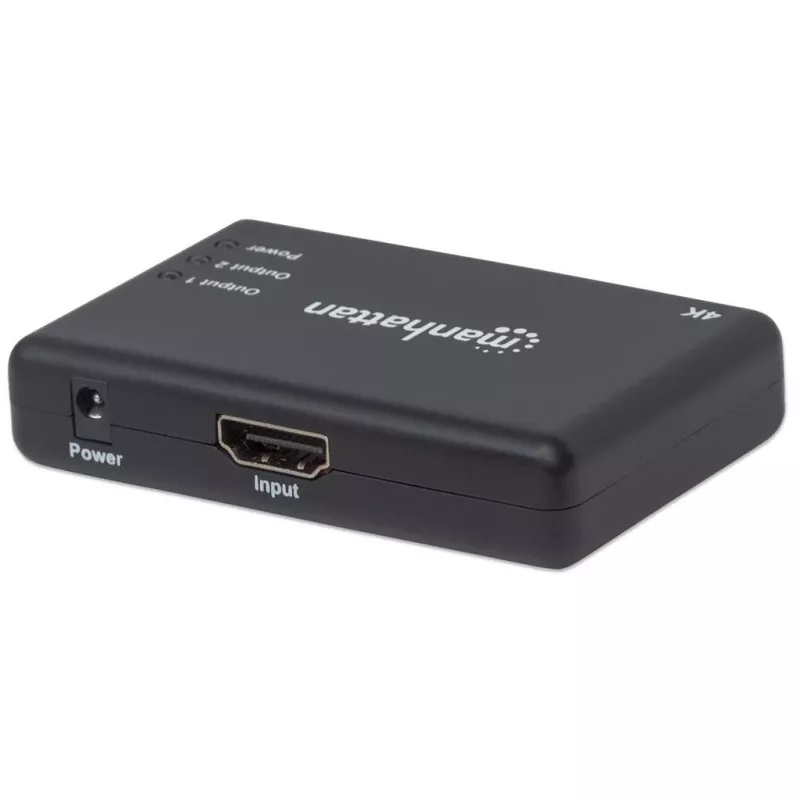 Manhattan HDMI skirstytuvas 2 prievadai, 4K@30Hz, iš vieno HDMI šaltinio į du HD ekranus (tas pats vaizdas abiejuose), maitinamas iš tinklo (kabelis 0,9 m), juodas, trejų metų garantija