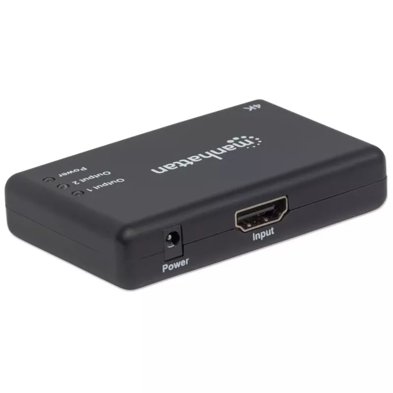Manhattan HDMI skirstytuvas 2 prievadai, 4K@30Hz, iš vieno HDMI šaltinio į du HD ekranus (tas pats vaizdas abiejuose), maitinamas iš tinklo (kabelis 0,9 m), juodas, trejų metų garantija
