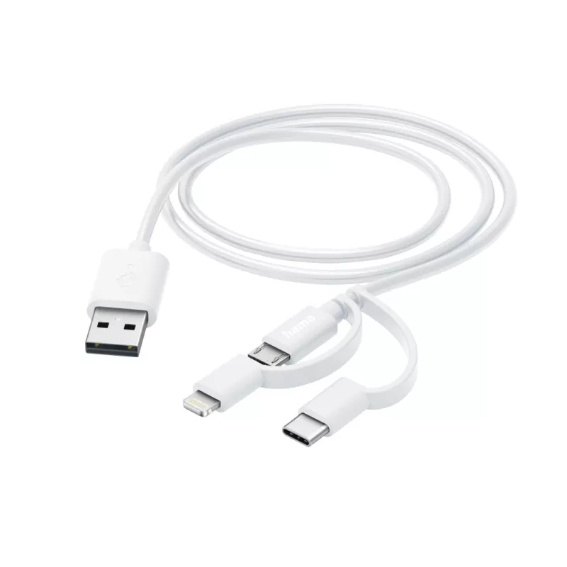 Įkrovimo laidas Hama 3-in-1, USB-A – Micro-USB, USB-C ir Lightning, 1,0 m, baltas