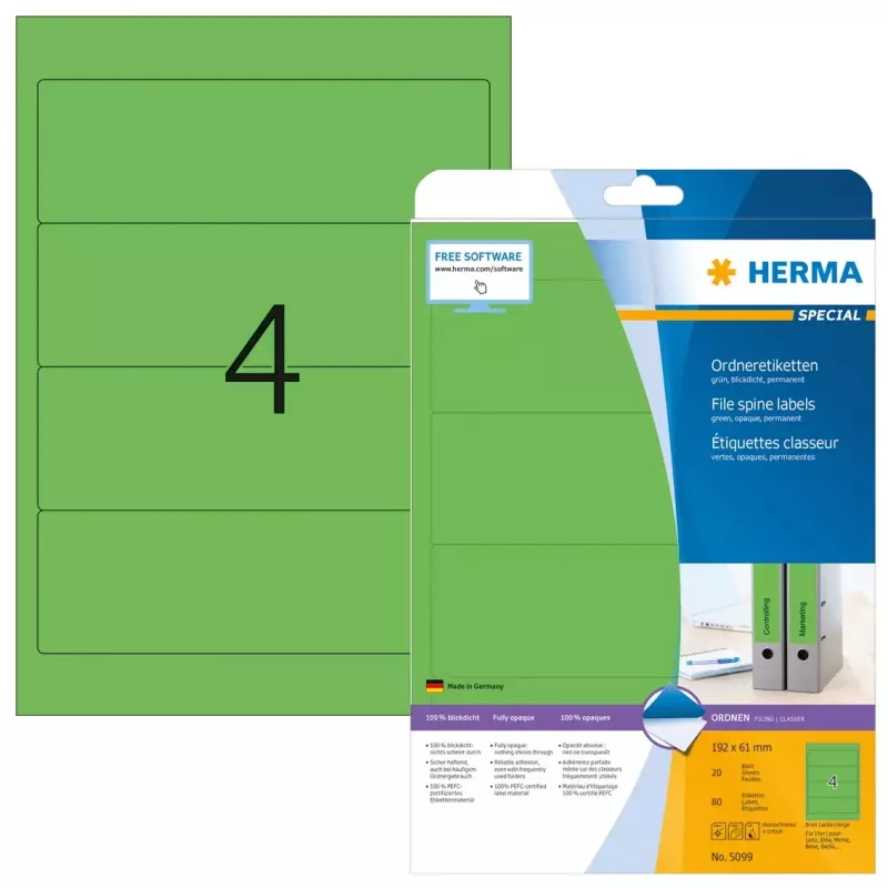 HERMA A4 failų etiketės 192x61 mm žalias matinis nepermatomas popierius 80 vnt.
