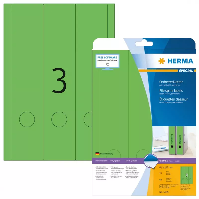 HERMA A4 bylų etiketės 61x297 mm žalios matinės popierinės nepermatomos 60 vnt.