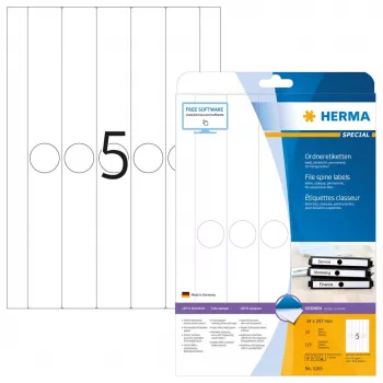 HERMA 5165 pakabinamų segtuvų etiketės A4 34x297 mm balta matinė nepermatoma 125 vnt.