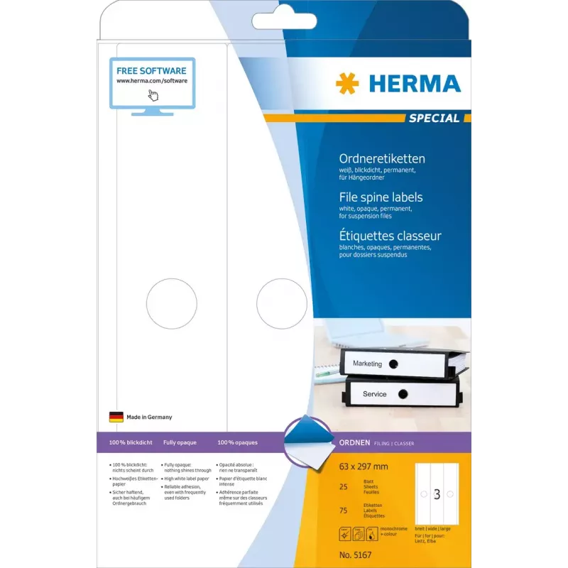 HERMA 5167 lipnios etiketės segtuvams A4 63x297 mm balta matinė nepermatoma 75 vnt.