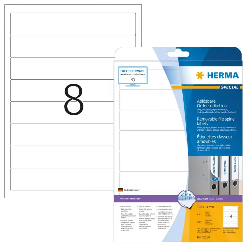 Nuimamos etiketės byloms HERMA A4 192x34 mm balta 200 vnt.