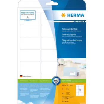 Adresų etiketės Premium HERMA 5029 A4 63,5x38,1 mm 525 vnt.