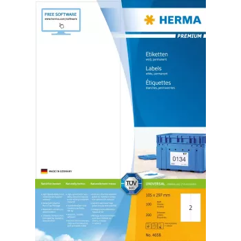 Lipdukai HERMA Premium A4 105x297 mm baltas matinis popierius 200 vnt.