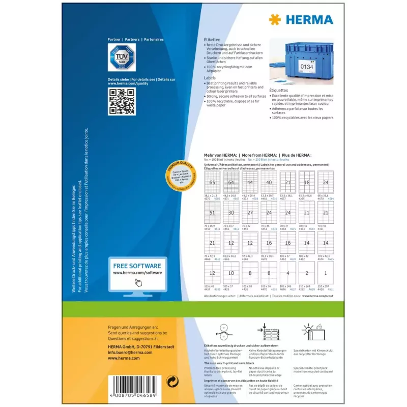 Lipdukai HERMA Premium A4 105x297 mm baltas matinis popierius 200 vnt.