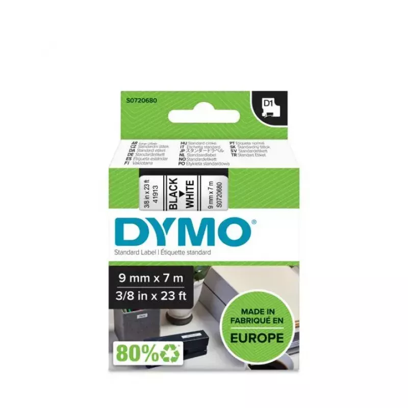 Dymo D1 standartinė juosta etiketėms, juoda ant baltos, 9 mm