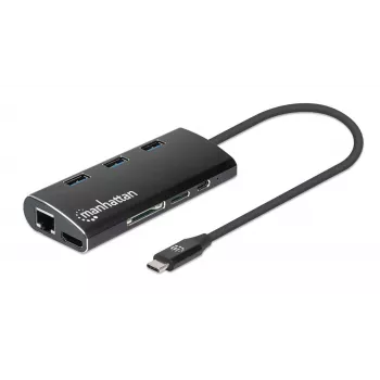 Manhattan USB-C dokų stotelė / šakotuvas su kortelių skaitytuvu, 6 prievadai: Ethernet, HDMI, USB-A (x3) ir USB-C, su Power Delivery (100W) USB-C prievadui, universalus, aliuminis