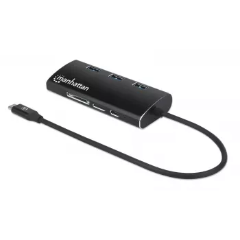 Manhattan USB-C dokų stotelė / šakotuvas su kortelių skaitytuvu, 6 prievadai: Ethernet, HDMI, USB-A (x3) ir USB-C, su Power Delivery (100W) USB-C prievadui, universalus, aliuminis