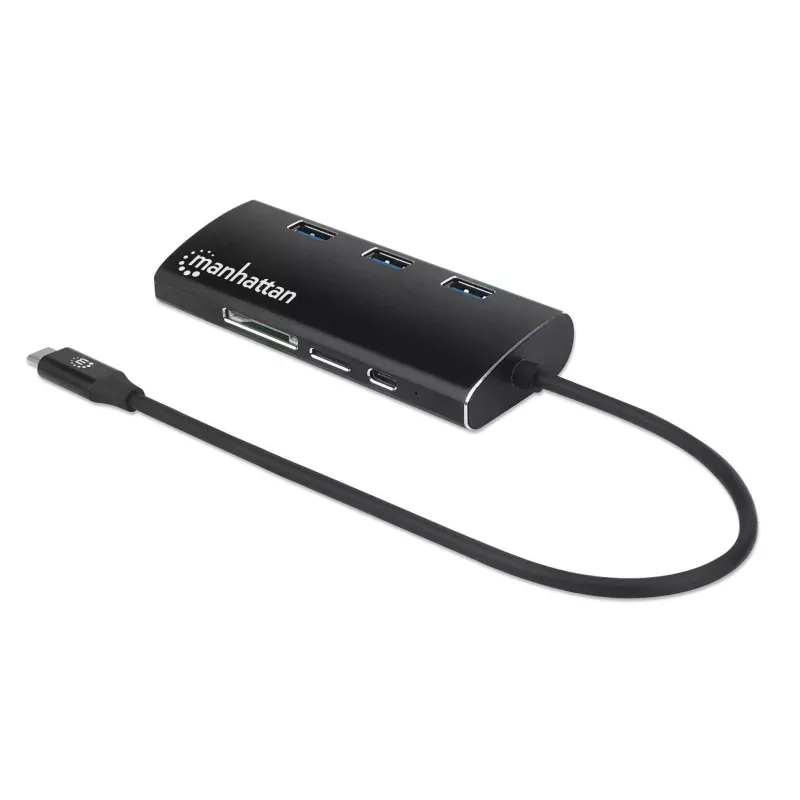 Manhattan USB-C dokų stotelė / šakotuvas su kortelių skaitytuvu, 6 prievadai: Ethernet, HDMI, USB-A (x3) ir USB-C, su Power Delivery (100W) USB-C prievadui, universalus, aliuminis