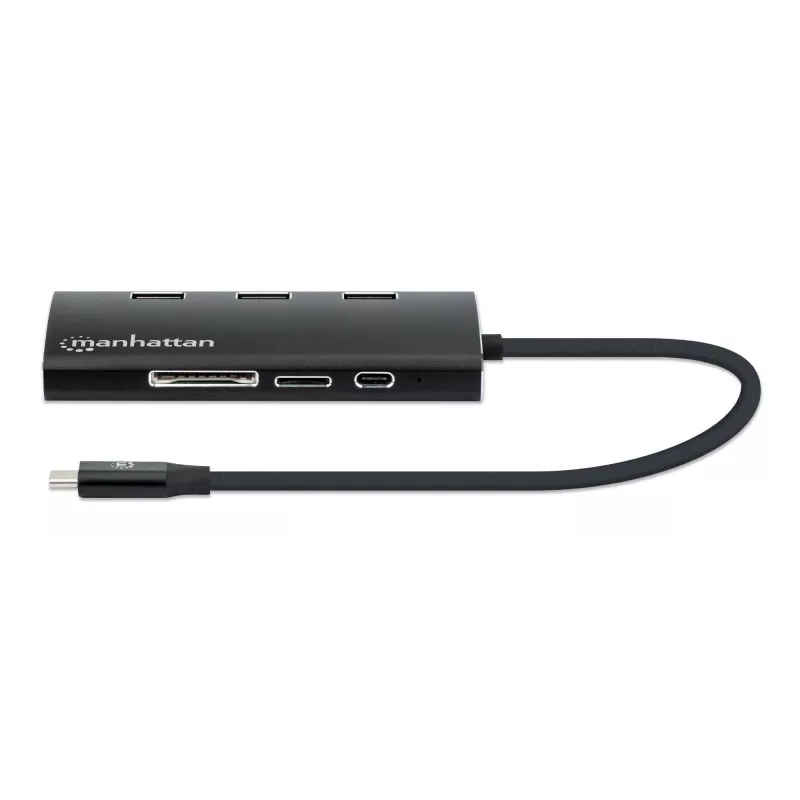 Manhattan USB-C dokų stotelė / šakotuvas su kortelių skaitytuvu, 6 prievadai: Ethernet, HDMI, USB-A (x3) ir USB-C, su Power Delivery (100W) USB-C prievadui, universalus, aliuminis
