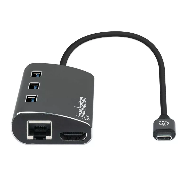 Manhattan USB-C dokų stotelė / šakotuvas su kortelių skaitytuvu, 6 prievadai: Ethernet, HDMI, USB-A (x3) ir USB-C, su Power Delivery (100W) USB-C prievadui, universalus, aliuminis