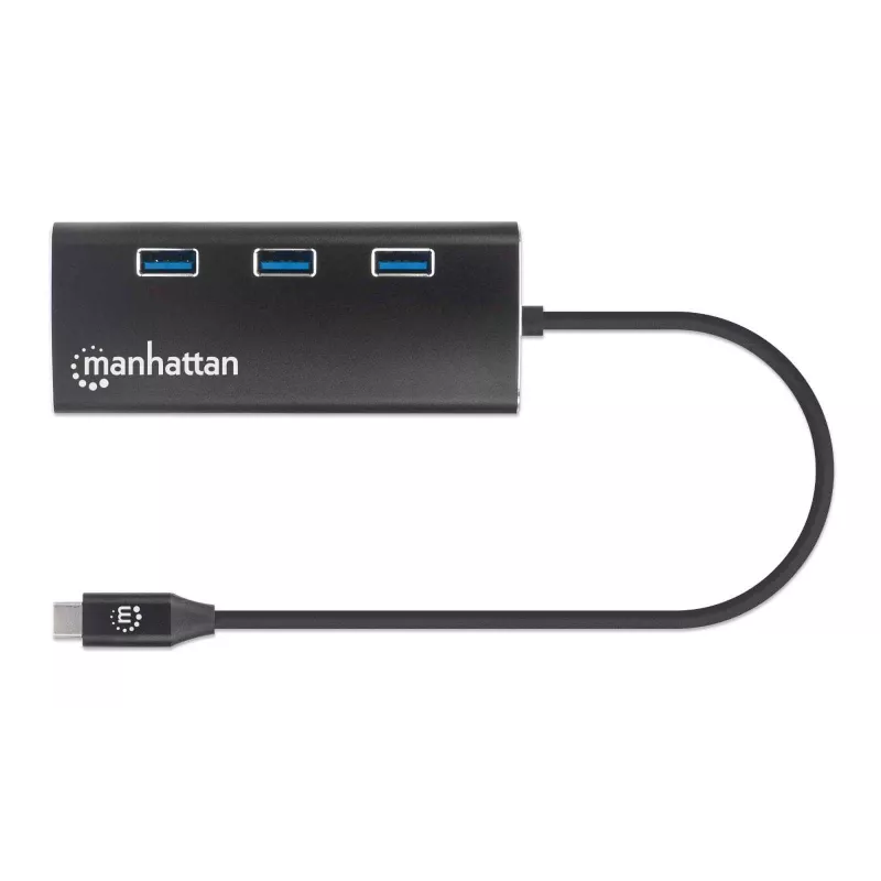 Manhattan USB-C dokų stotelė / šakotuvas su kortelių skaitytuvu, 6 prievadai: Ethernet, HDMI, USB-A (x3) ir USB-C, su Power Delivery (100W) USB-C prievadui, universalus, aliuminis