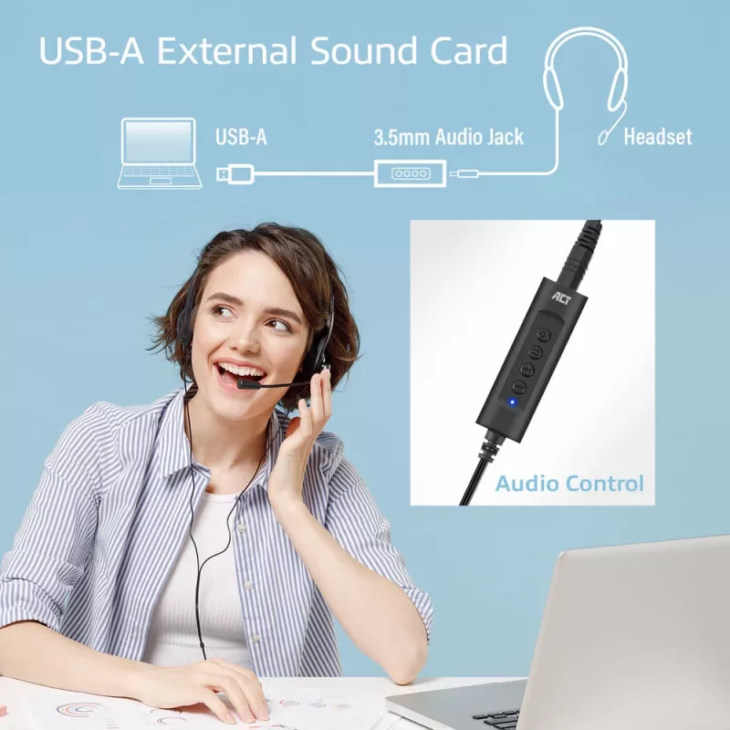 ACT AC9360 išorinė garso kortelė USB, 3,5 mm lizdas, 4 mygtukai