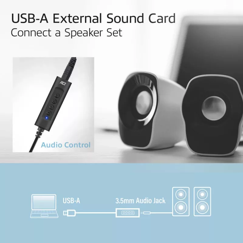 ACT AC9360 išorinė garso kortelė USB, 3,5 mm lizdas, 4 mygtukai