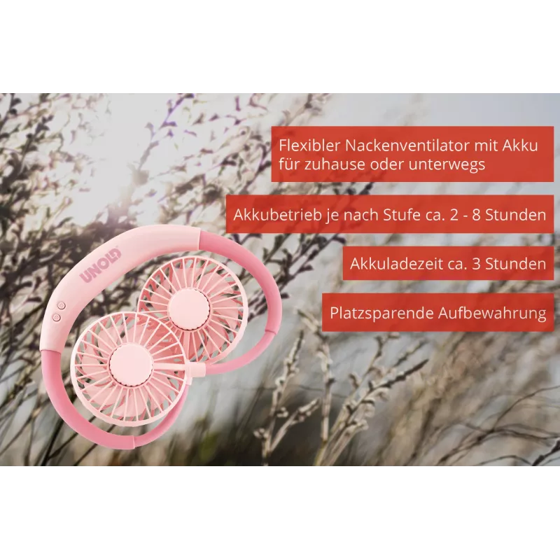 Unold Neck Fan Breezy Pink – nešiojamas kaklo ventiliatorius, rožinis, 2 ventiliatoriai, 8 h veikimo laikas, baltas, 1 vnt.
