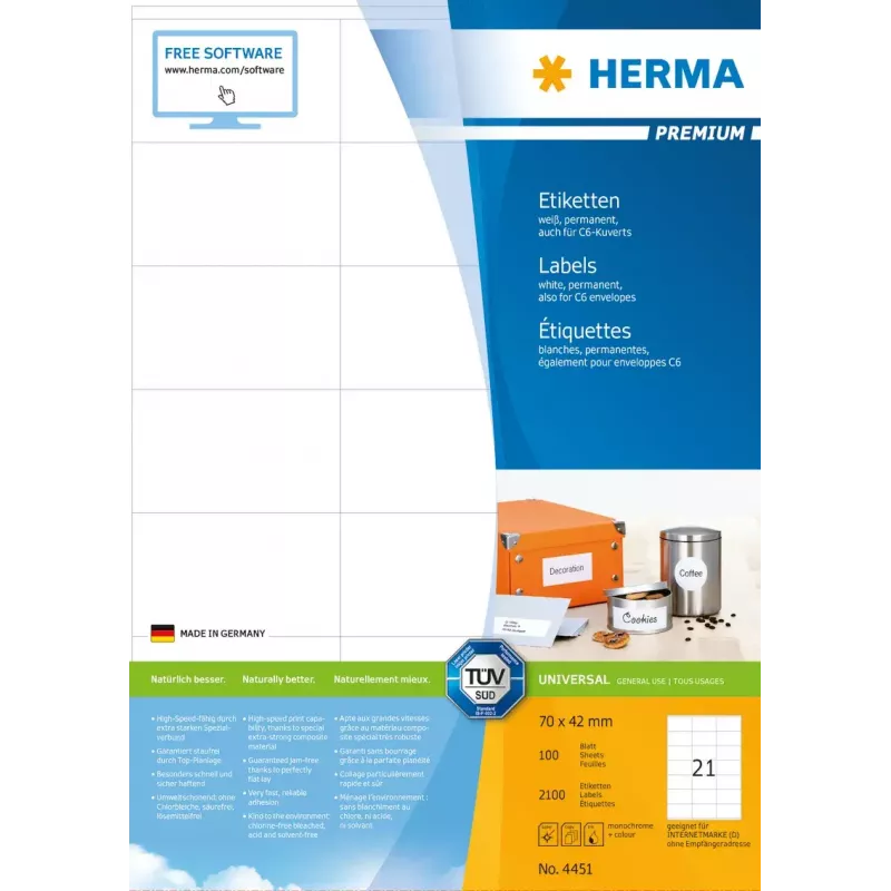 Lipnios etiketės HERMA Premium A4 70x42 mm balto matinio popieriaus 2100 vnt.