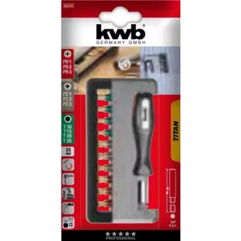 Bitų rinkinys KWB TITAN handy 154010, 12 vnt., titano danga, magnetinis laikiklis, lizdinė pakuotė
