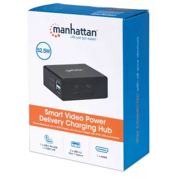 Manhattan Smart Video Multiport Dock, 5 prievadai: HDMI, USB-A (x2), USB-C (x2), su Power Delivery USB-C, įmontuotas maitinimo šaltinis, itin kompaktiškas, nuimamas maitinimo laidas, juoda, trejų metų garantija, mažmeninė dėžutė