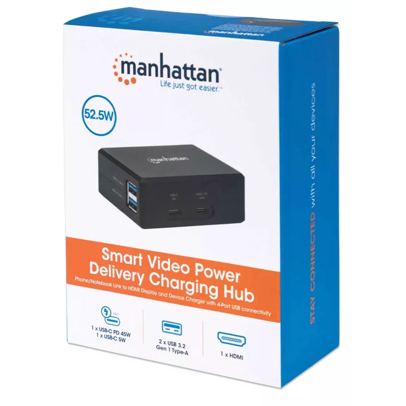 Manhattan Smart Video Multiport Dock, 5 prievadai: HDMI, USB-A (x2), USB-C (x2), su Power Delivery USB-C, įmontuotas maitinimo šaltinis, itin kompaktiškas, nuimamas maitinimo laidas, juoda, trejų metų garantija, mažmeninė dėžutė