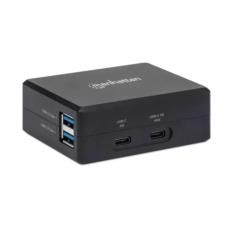 Manhattan Smart Video Multiport Dock, 5 prievadai: HDMI, USB-A (x2), USB-C (x2), su Power Delivery USB-C, įmontuotas maitinimo šaltinis, itin kompaktiškas, nuimamas maitinimo laidas, juoda, trejų metų garantija, mažmeninė dėžutė