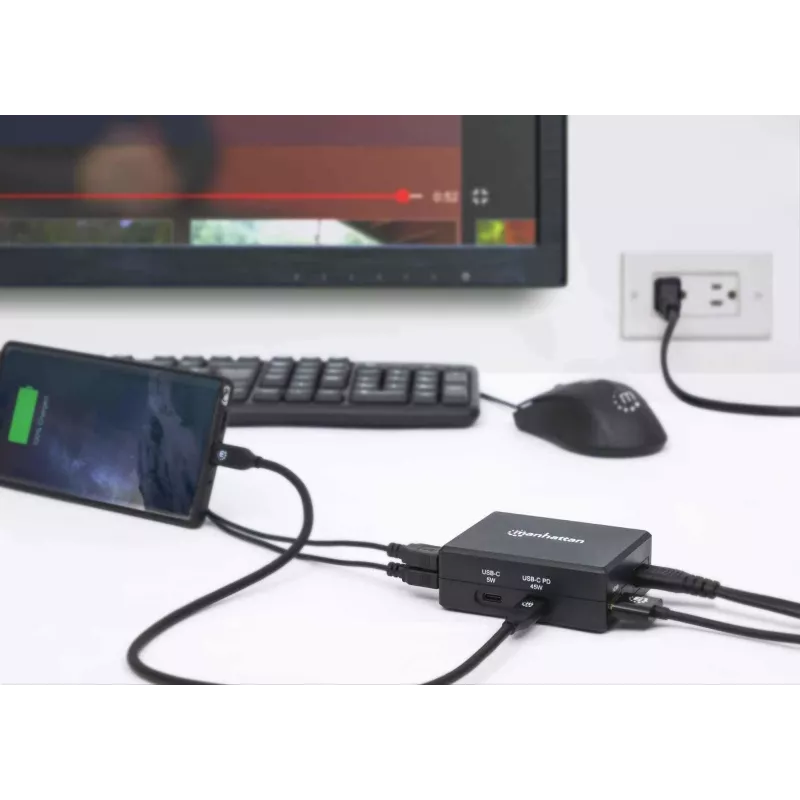 Manhattan Smart Video Multiport Dock, 5 prievadai: HDMI, USB-A (x2), USB-C (x2), su Power Delivery USB-C, įmontuotas maitinimo šaltinis, itin kompaktiškas, nuimamas maitinimo laidas, juoda, trejų metų garantija, mažmeninė dėžutė