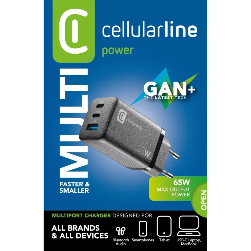 Cellularline Multipower Micro 65W itin kompaktiškas 65W greitasis sieninis įkroviklis su 3 prievadais